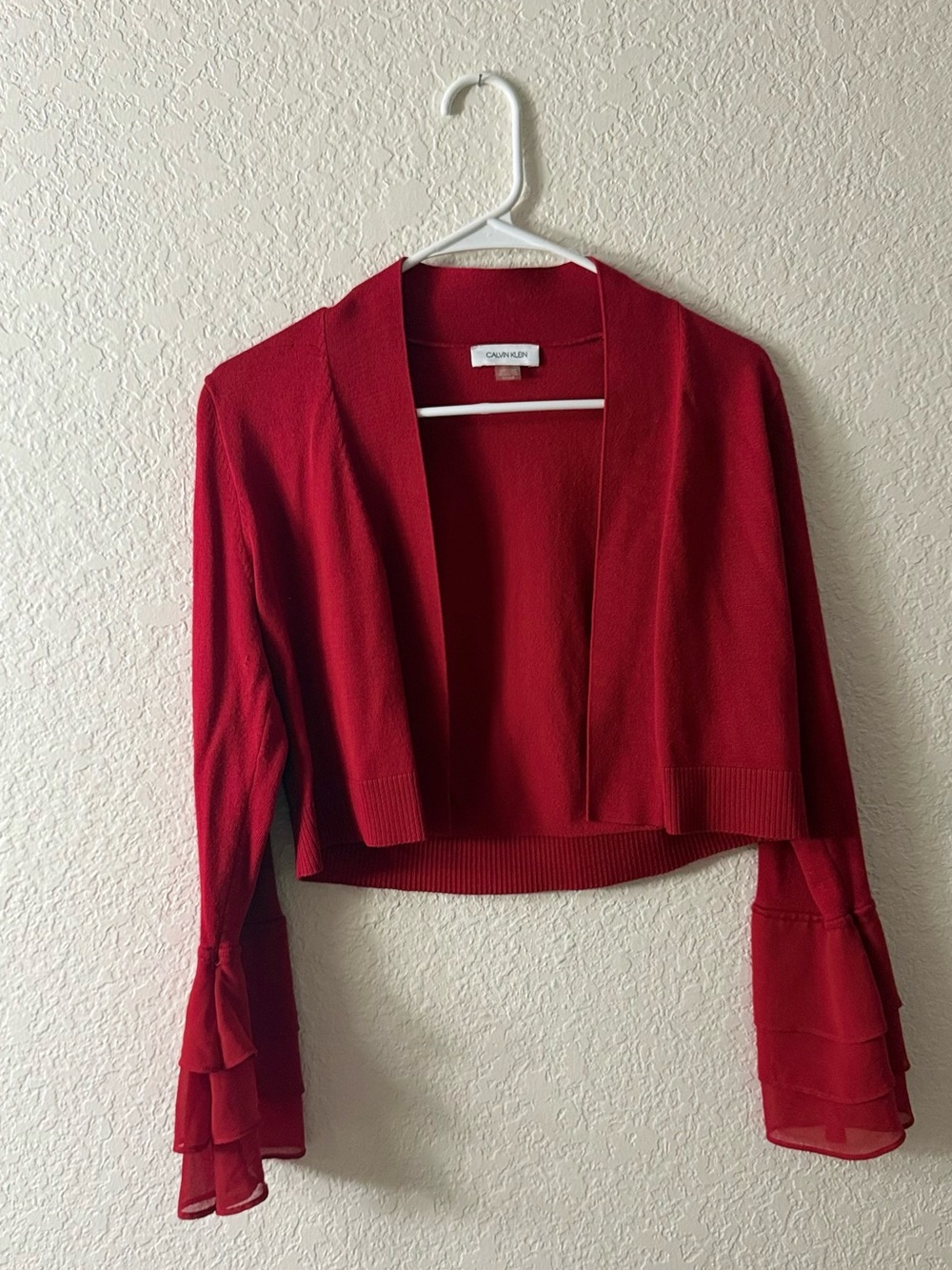 Calvin Klein Bright Red Cropped Open Cardigan with Layered Ruffle Sleeves